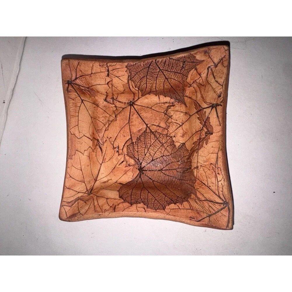 Signed Malabar Pottery Clay Stamped Leaves 5” Square Trinket Dish Plate Florida